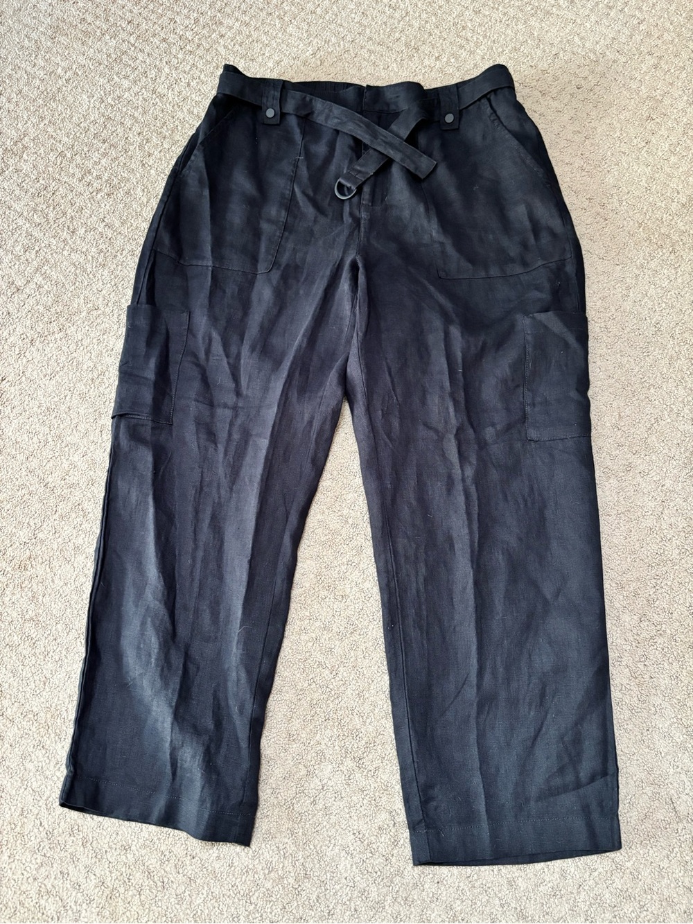 Nicole Miller Linen Blend Cargo Pants Womens XL Black Belted Elastic Band